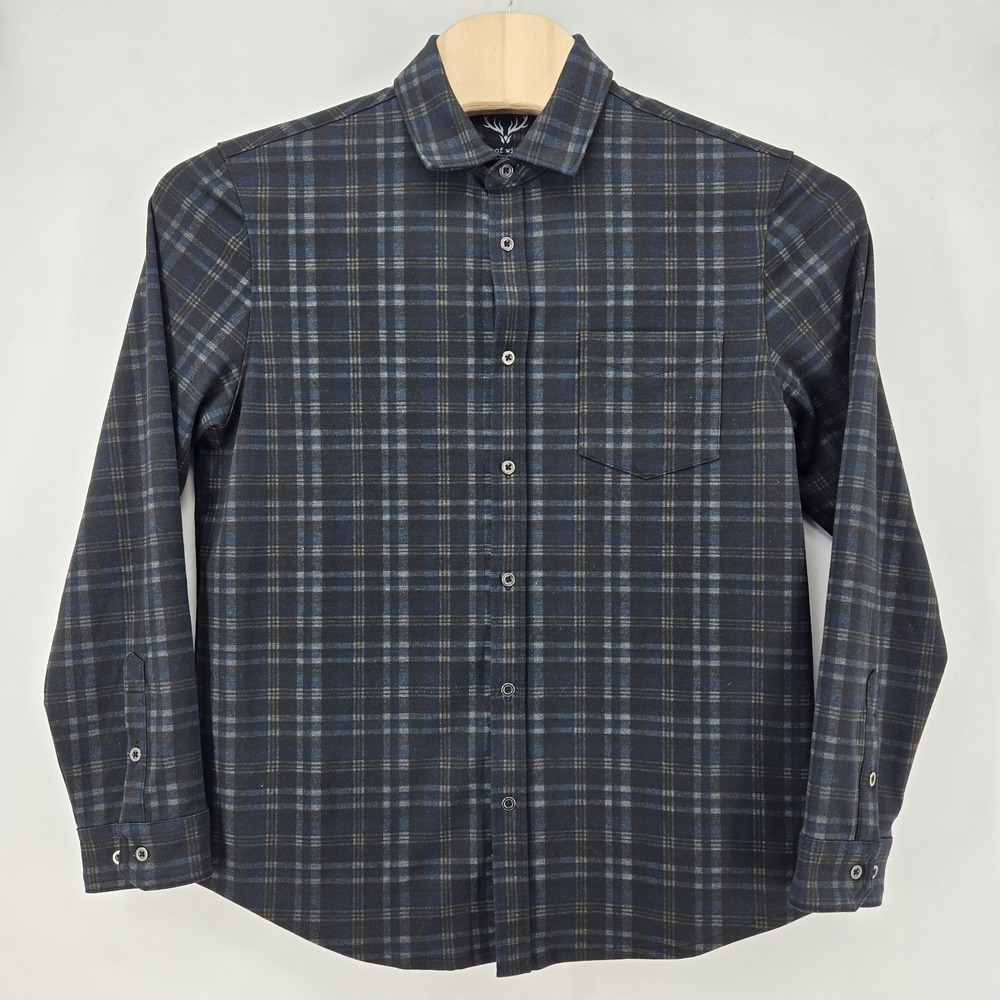 Age of Wisdom Flannel Shirt Mens L Blue Black Plaid Metal Button Stretch Gorpcor